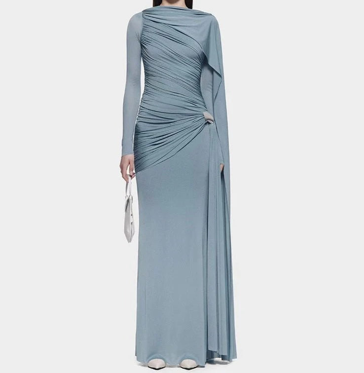Diagonal Ruched Cape Gown | Asymmetric Draped Long Sleeve Maxi Dress(MS222)