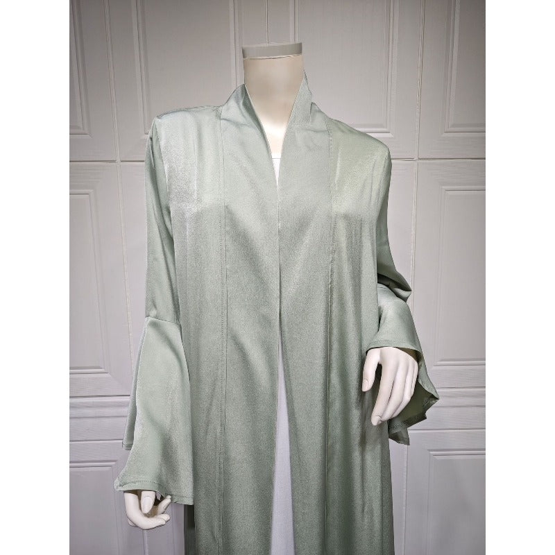 Lotus Leaf Sleeve Solid Soft Satin Open Front Abaya Dress | Lightweight Modest Abaya Cover(MOA220)