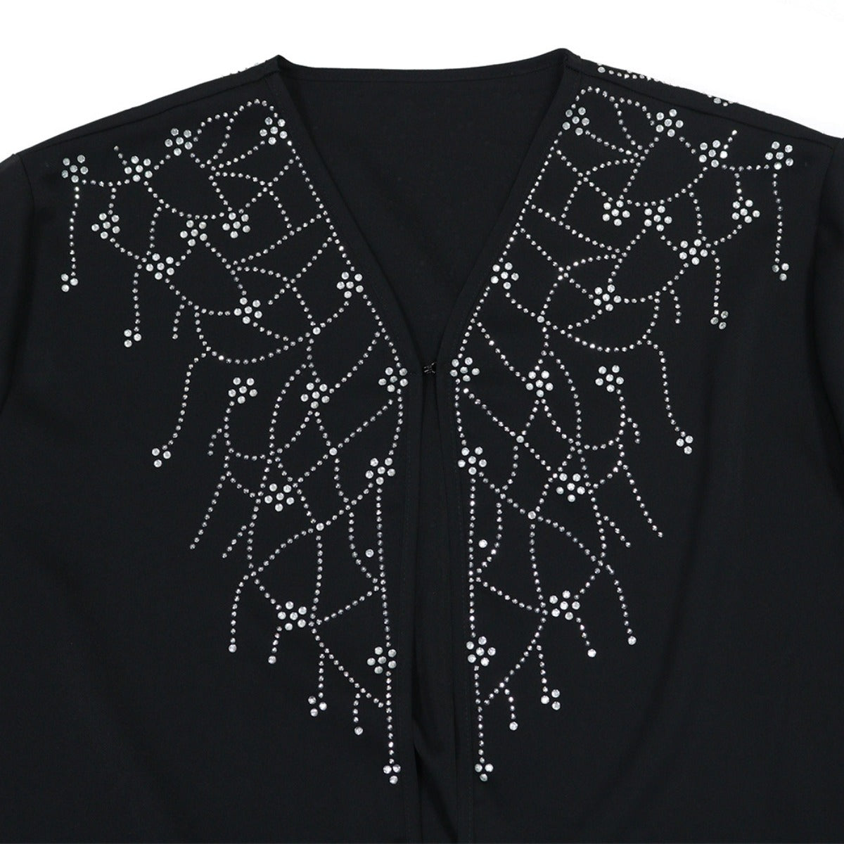Modest Muslim Loose Fit Black Diamond Embellished V-Neck Abaya Dress(MOA)