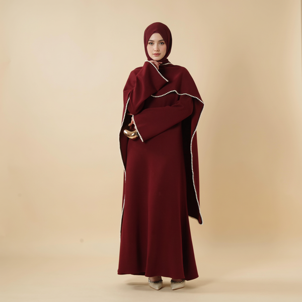 Elegant Pearl Embellished Cape Sleeve Evening Dress(MA337)