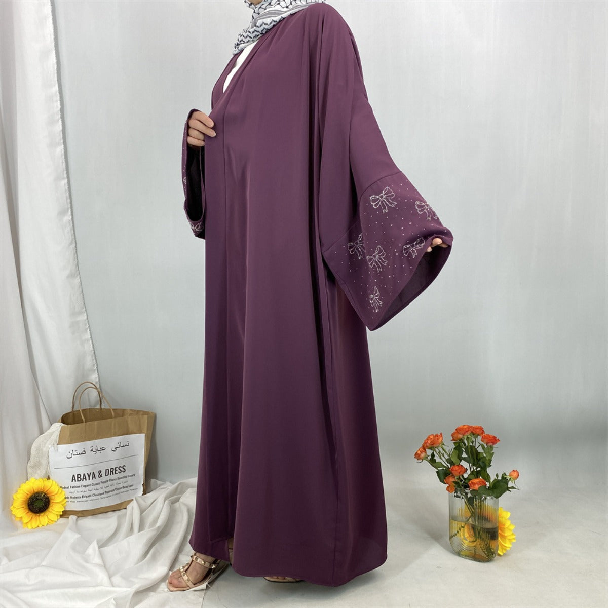 Modest Luxury Exquisite Transfer Diamond Printer Butterfly Sleeve Abaya(MOA206)
