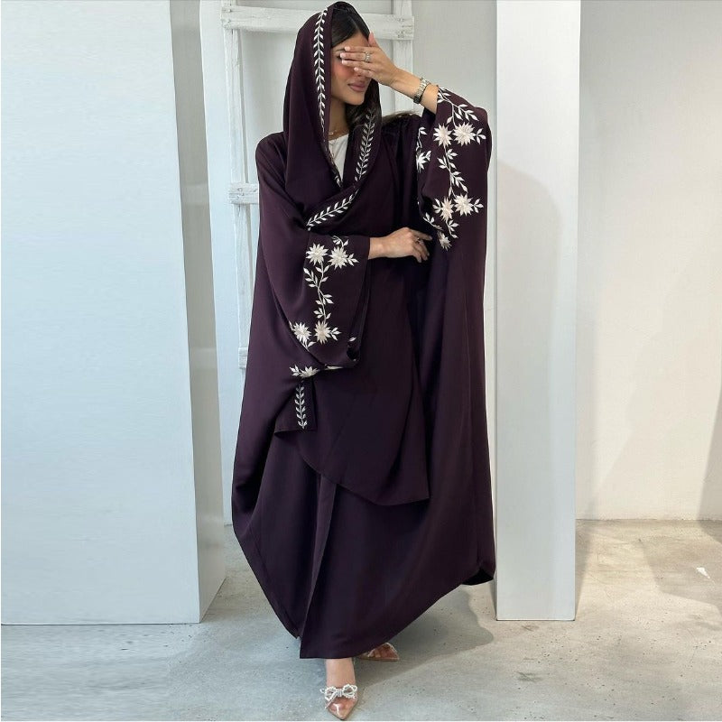 Embroidered Batwing Sleeve Abaya Set | Linen Blend Open Cardigan with Matching Hijab 2-Piece(MOA233)
