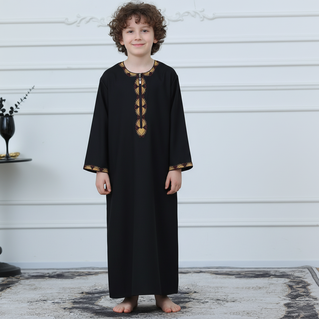 Boys Embroidered Thobe with Gold Trim(MKB017)