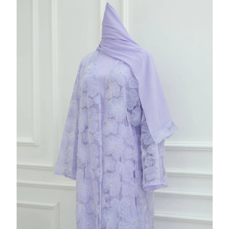 Mesh Flower Bead Open Abaya and Satin Interior Dress 2-Piece Set  | Elegant Muslim Wedding Guest Outfit(MOA222)