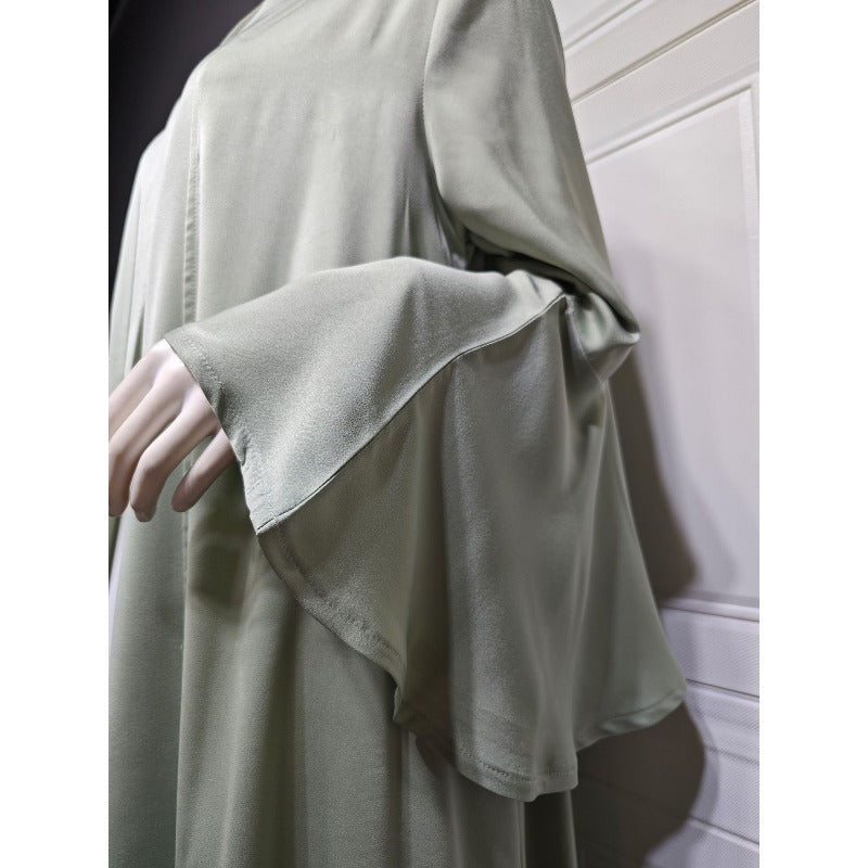 Lotus Leaf Sleeve Solid Soft Satin Open Front Abaya Dress | Lightweight Modest Abaya Cover(MOA220)