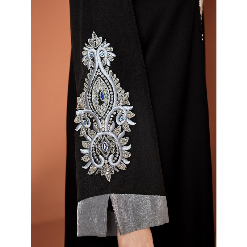 Luxury Embroidered Rhinestone Abaya | Open Front with Contrast Trim & Split Cuffs(MOA235)