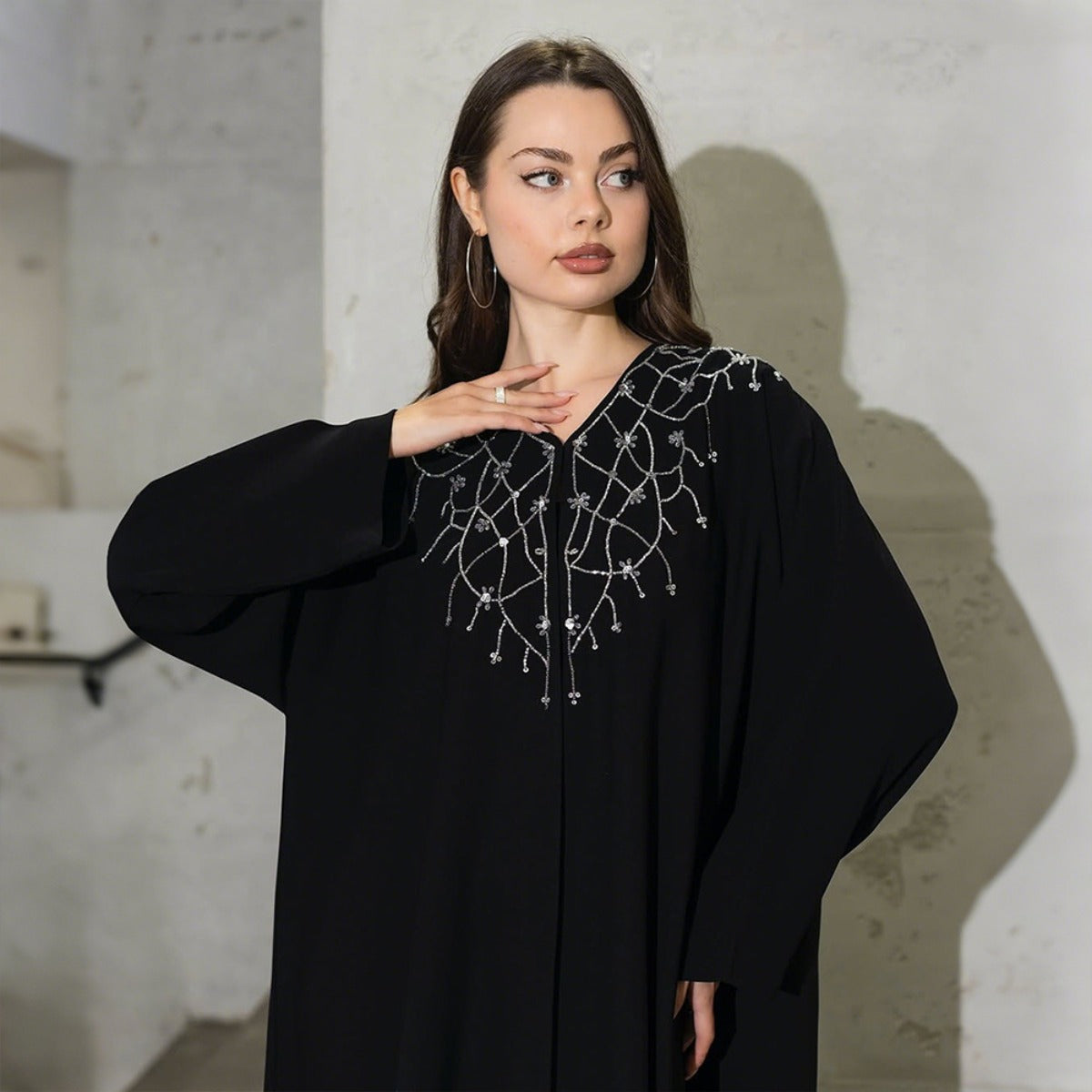 Modest Muslim Loose Fit Black Diamond Embellished V-Neck Abaya Dress(MOA)