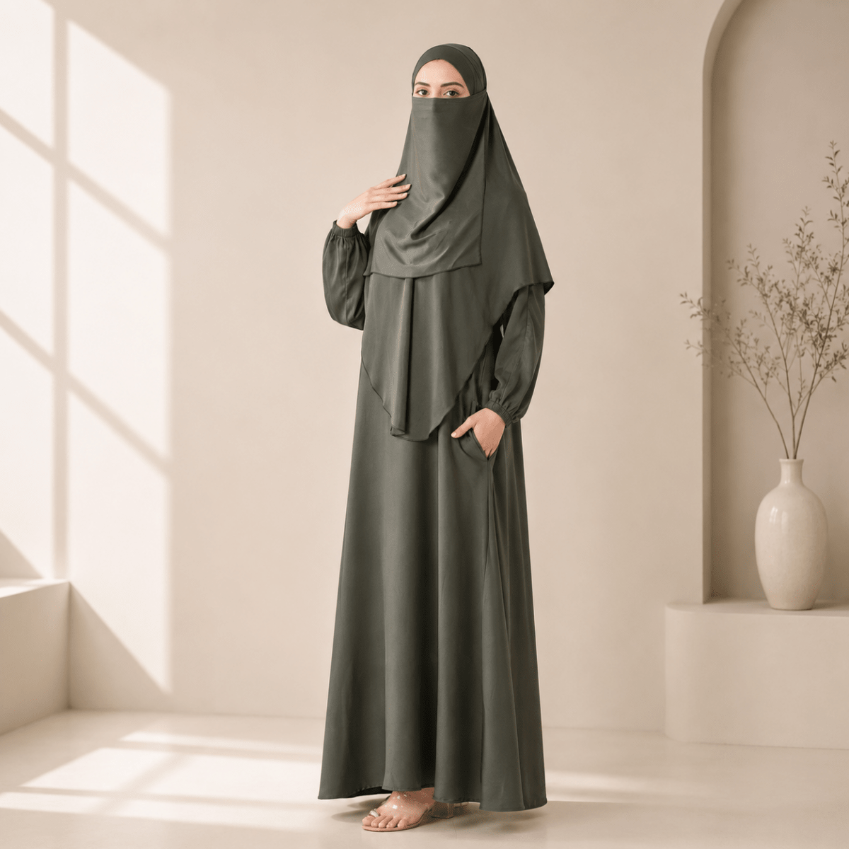 Abaya With Niqab and Khimar | Satin Niqab Khimar and Abaya (MK024) - Mariam's Collection