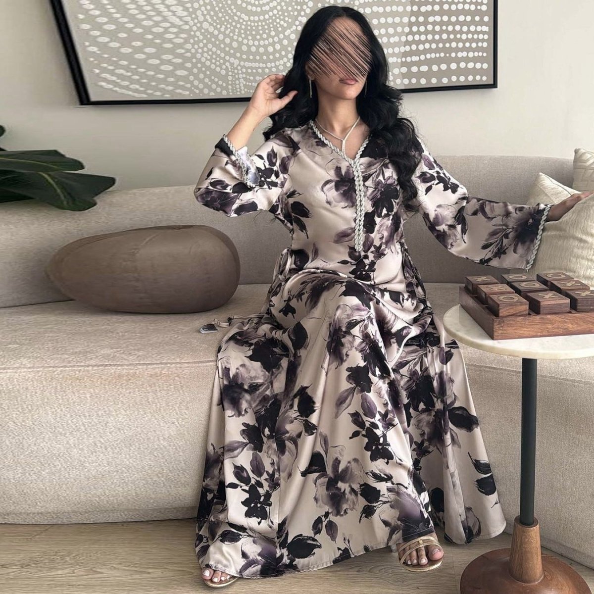 Abaya WIth Printed Design | Fashion Abaya With Diamonds (MA156) - Mariam's Collection