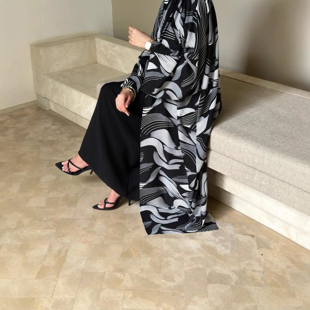 Abstract Wave Print Kimono Abaya | Oversized Open - Front Cardigan(MOA265) - Mariam's Collection