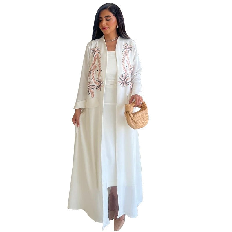 Ice Silk Crinkle Fabric  Embroidered V-Neck Abaya(MOA234)