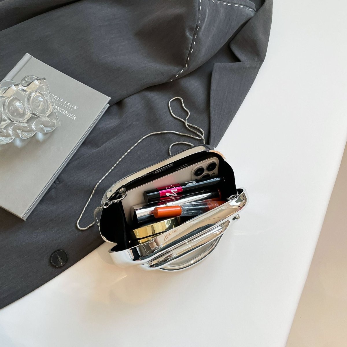 Acrylic Evening Clutch | Metallic Handle Party Bag with Chain Strap(MAC354) - Mariam's Collection