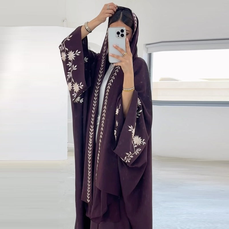 Embroidered Batwing Sleeve Abaya Set | Linen Blend Open Cardigan with Matching Hijab 2-Piece(MOA233)