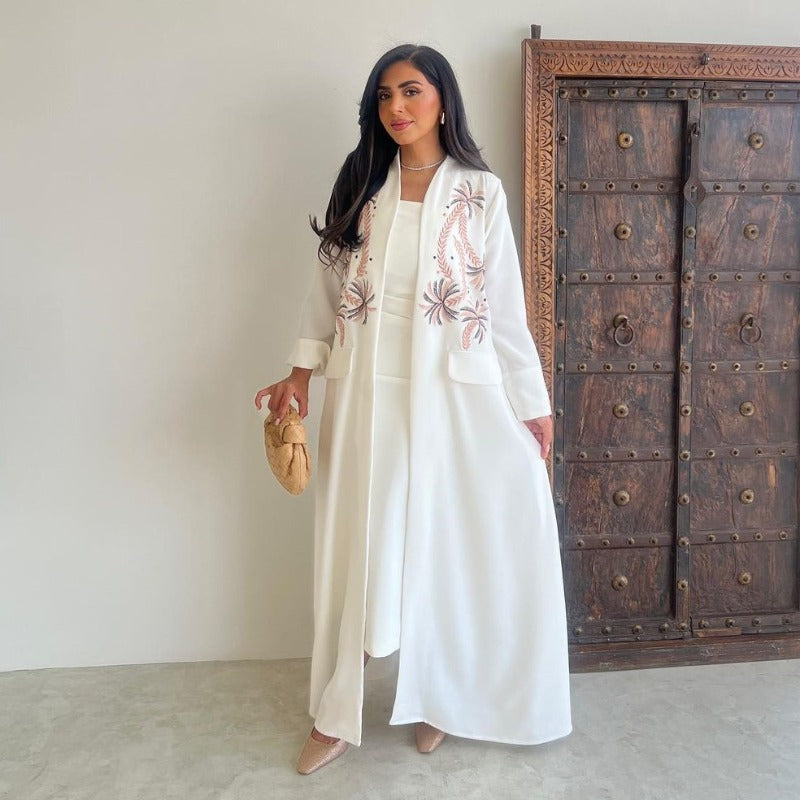 Ice Silk Crinkle Fabric  Embroidered V-Neck Abaya(MOA234)