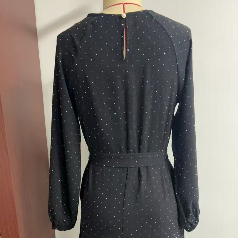 All-Over Rhinestone Maxi Dress | Belted Puff-Sleeve Modest Dress(MS583) - Mariam's Collection