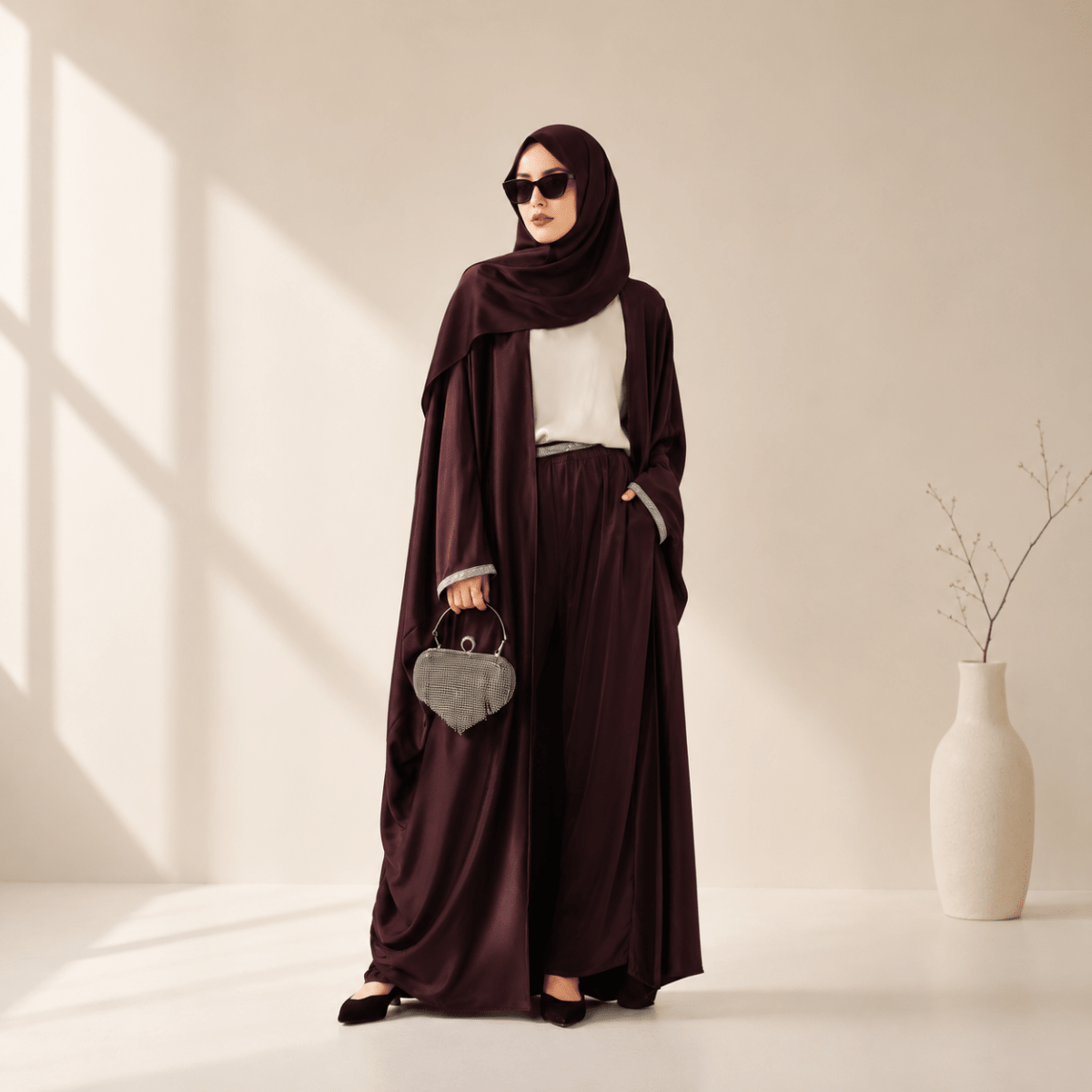 Archive Piece Abaya With Satin Shirt And Rhinestone Trousers - MP002 (Size M Only) - Mariam's Collection
