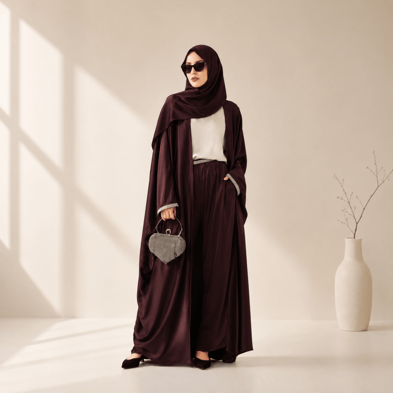 Archive Piece Abaya With Satin Shirt And Rhinestone Trousers - MP002 (Size M Only) - Mariam's Collection