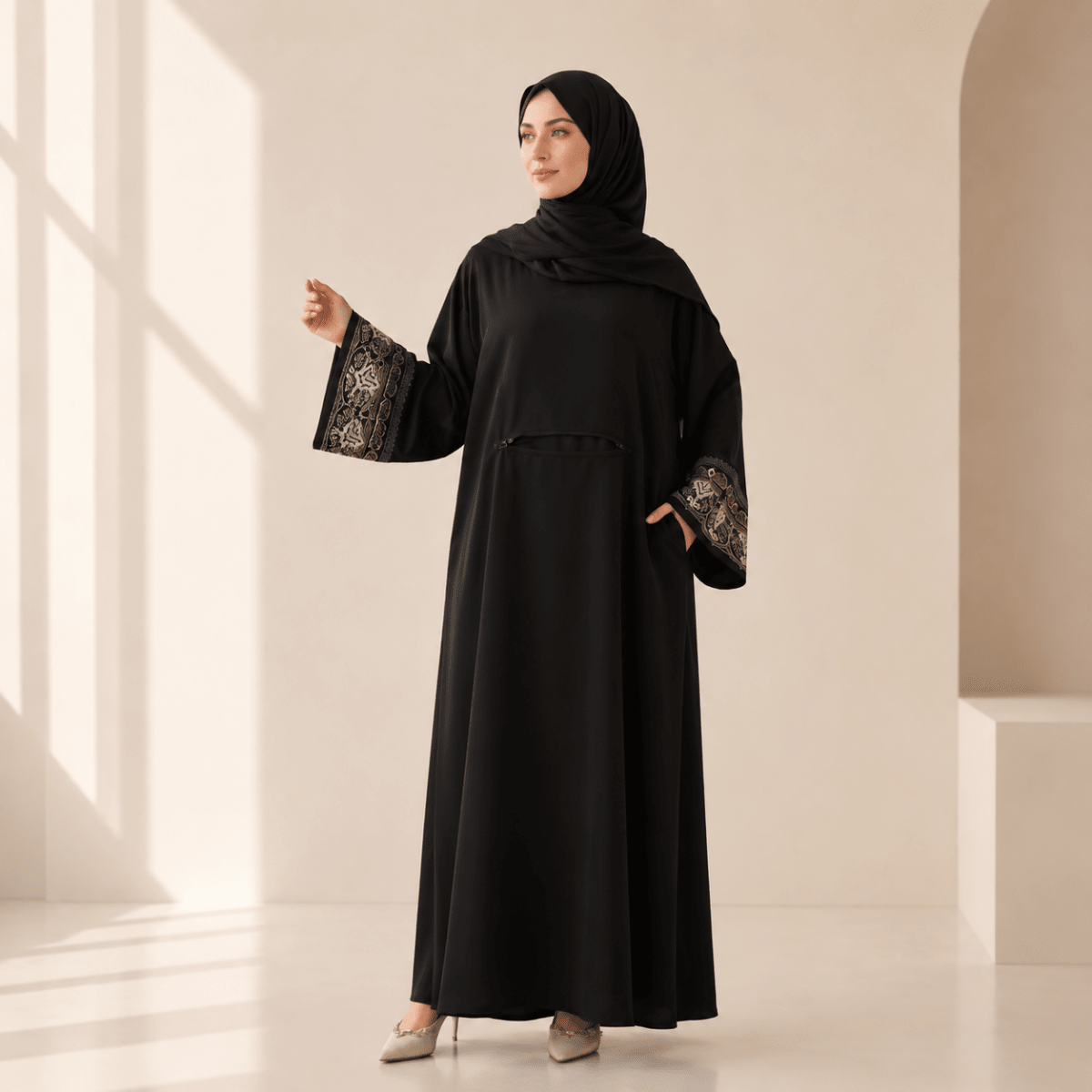 Embroidered Cuff Integrated Hijab Prayer Abaya – Archive Piece