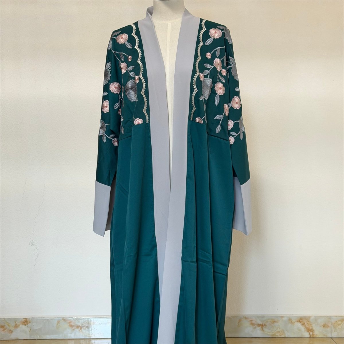 Archive Piece Floral Embroidered Colour-Block Open Abaya - MP054 (Size L Only) - Mariam's Collection