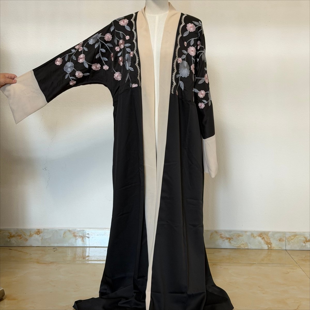 Archive Piece Floral Embroidered Satin Open Abaya - MP057 (Size L Only) - Mariam's Collection