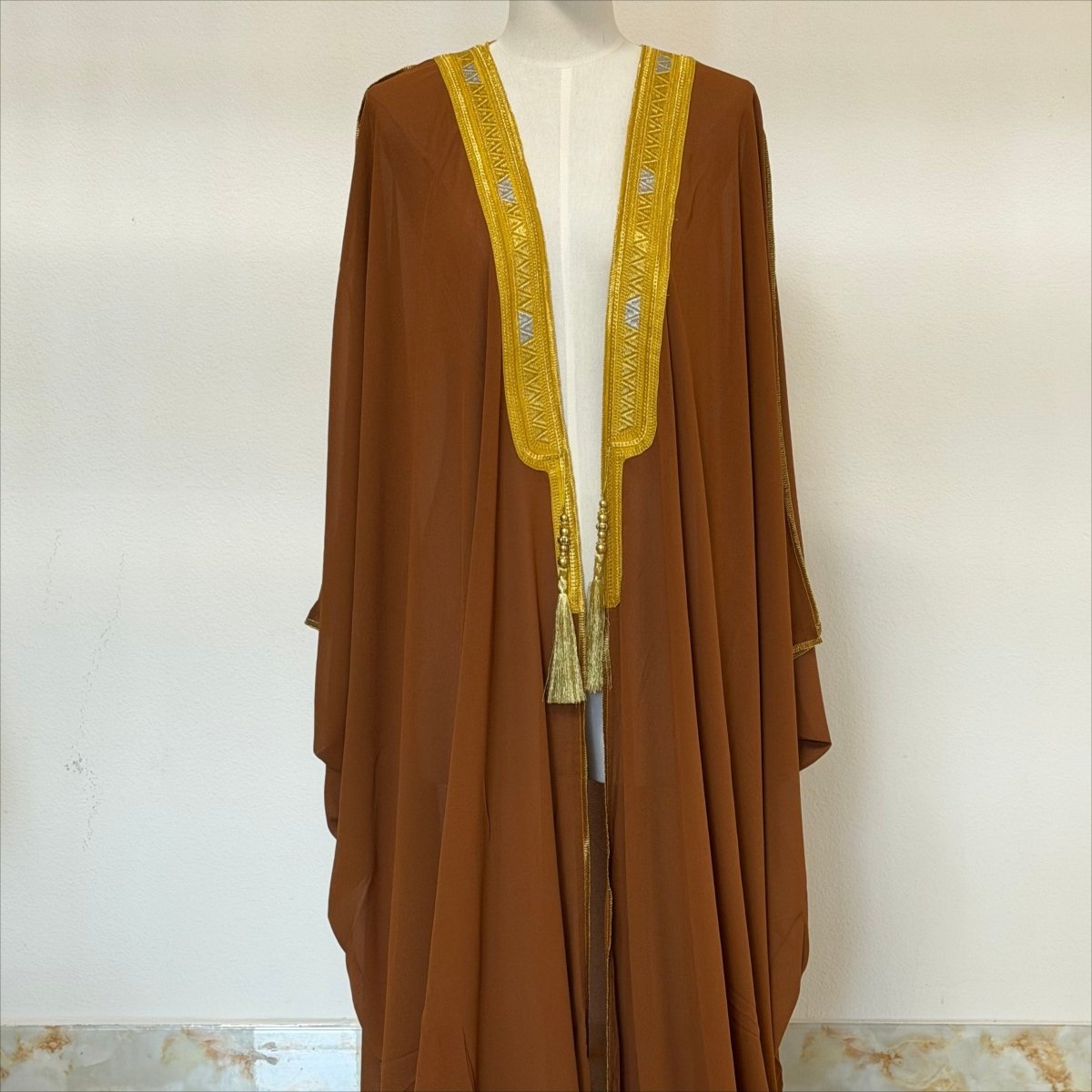 Archive Piece Gold Geometric Embroidered Batwing Open Abaya - MP056 (Size L Only) - Mariam's Collection