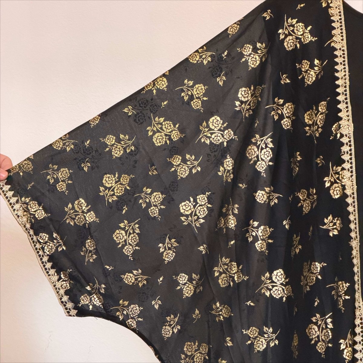 Archive Piece Gold Rose Print Lace-Trim Open Abaya Set - MP053 (Size L Only) - Mariam's Collection