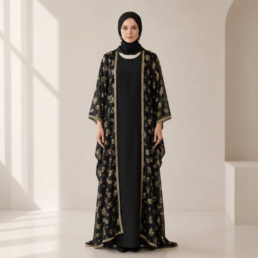 Archive Piece Gold Rose Print Lace-Trim Open Abaya Set - MP053 (Size L Only) - Mariam's Collection