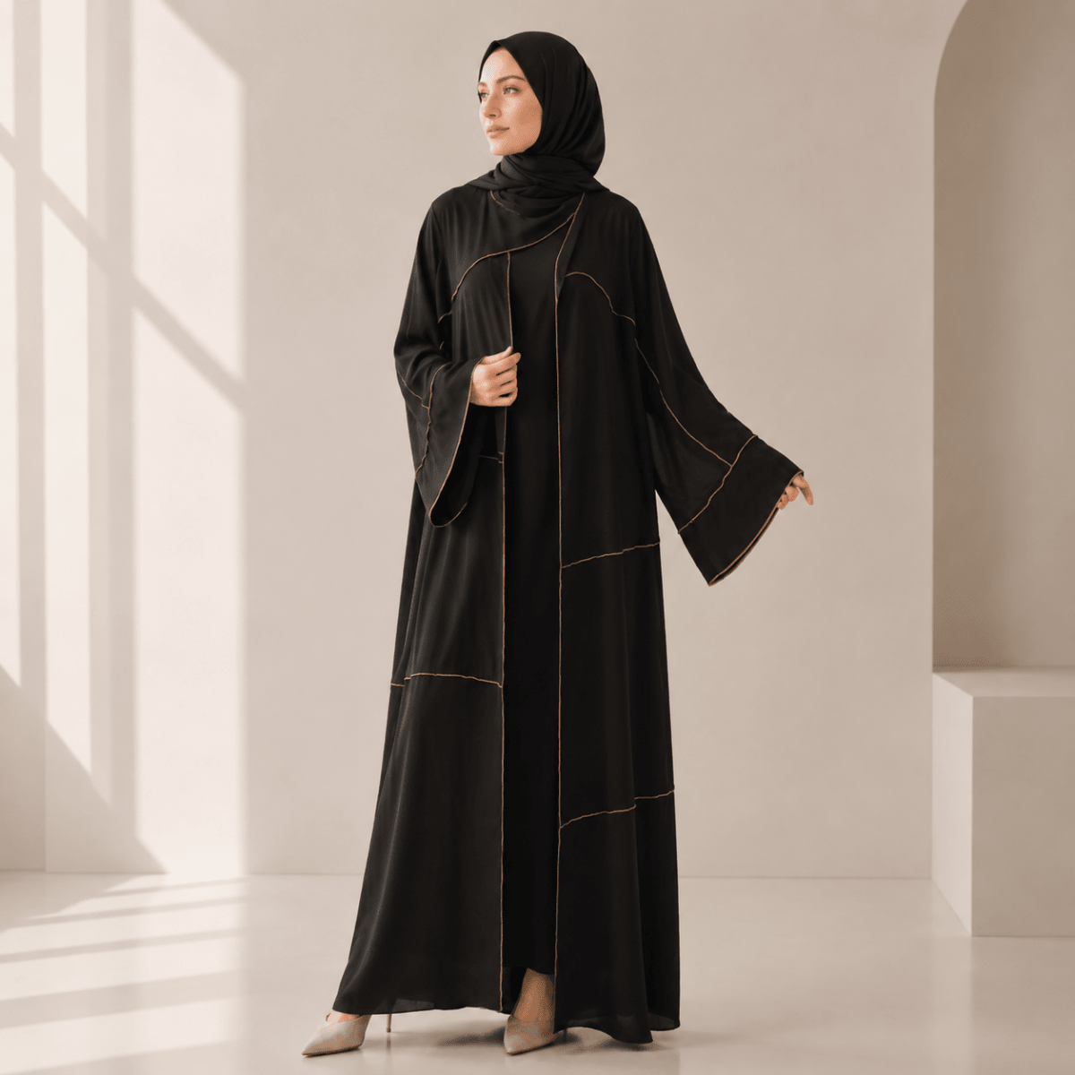 Archive Piece Gold Topstitch Open Abaya - MP043 (Size M Only) - Mariam's Collection