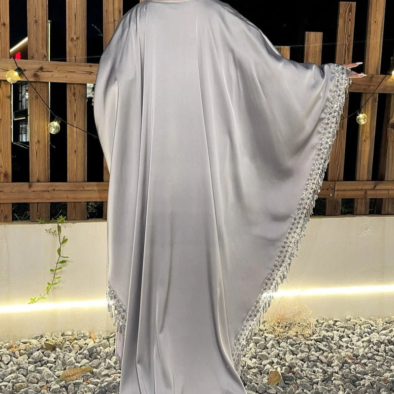 Archive Piece Lace Trimmed Fringed Butterfly Satin Open Abaya 2-Piece Set - MP041 (Size S Only) - Mariam's Collection