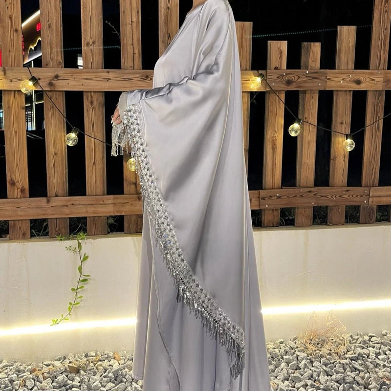 Archive Piece Lace Trimmed Fringed Butterfly Satin Open Abaya 2-Piece Set - MP041 (Size S Only) - Mariam's Collection
