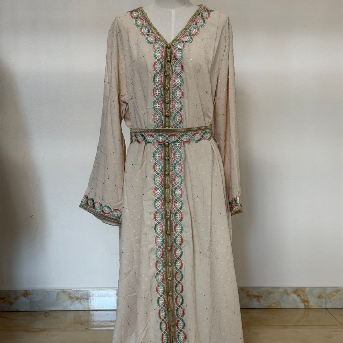 Archive Piece Moroccan Embroidered Trim Kaftan with Waist Belt - MP058 (Size Free Size Only) - Mariam's Collection