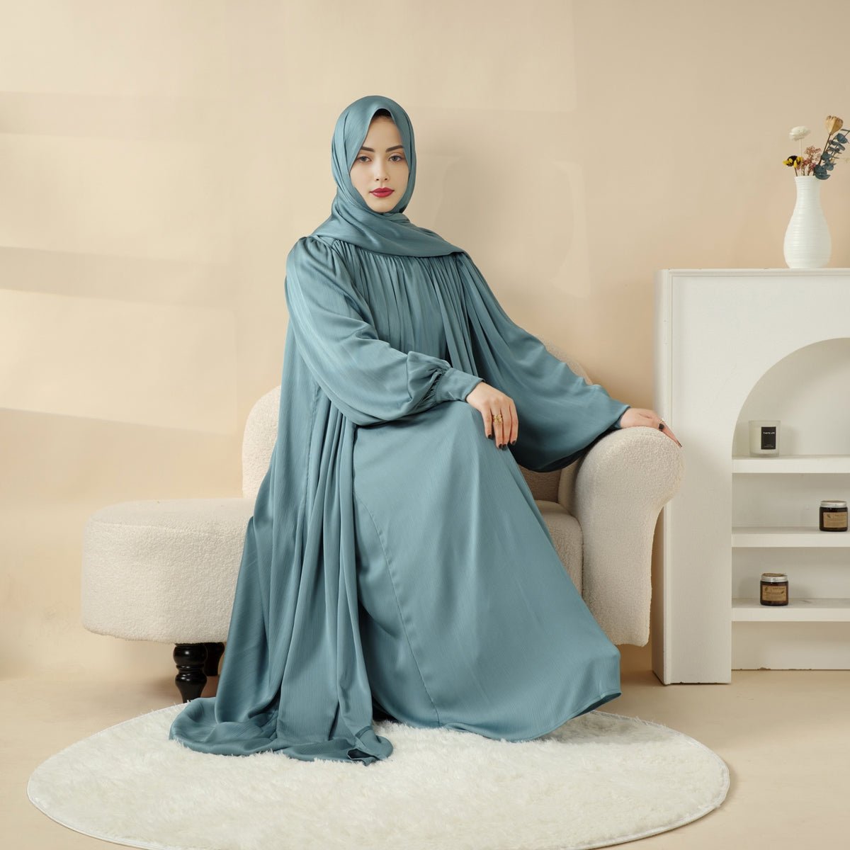Luminous vertical crinkle fabric texture on archive open abaya