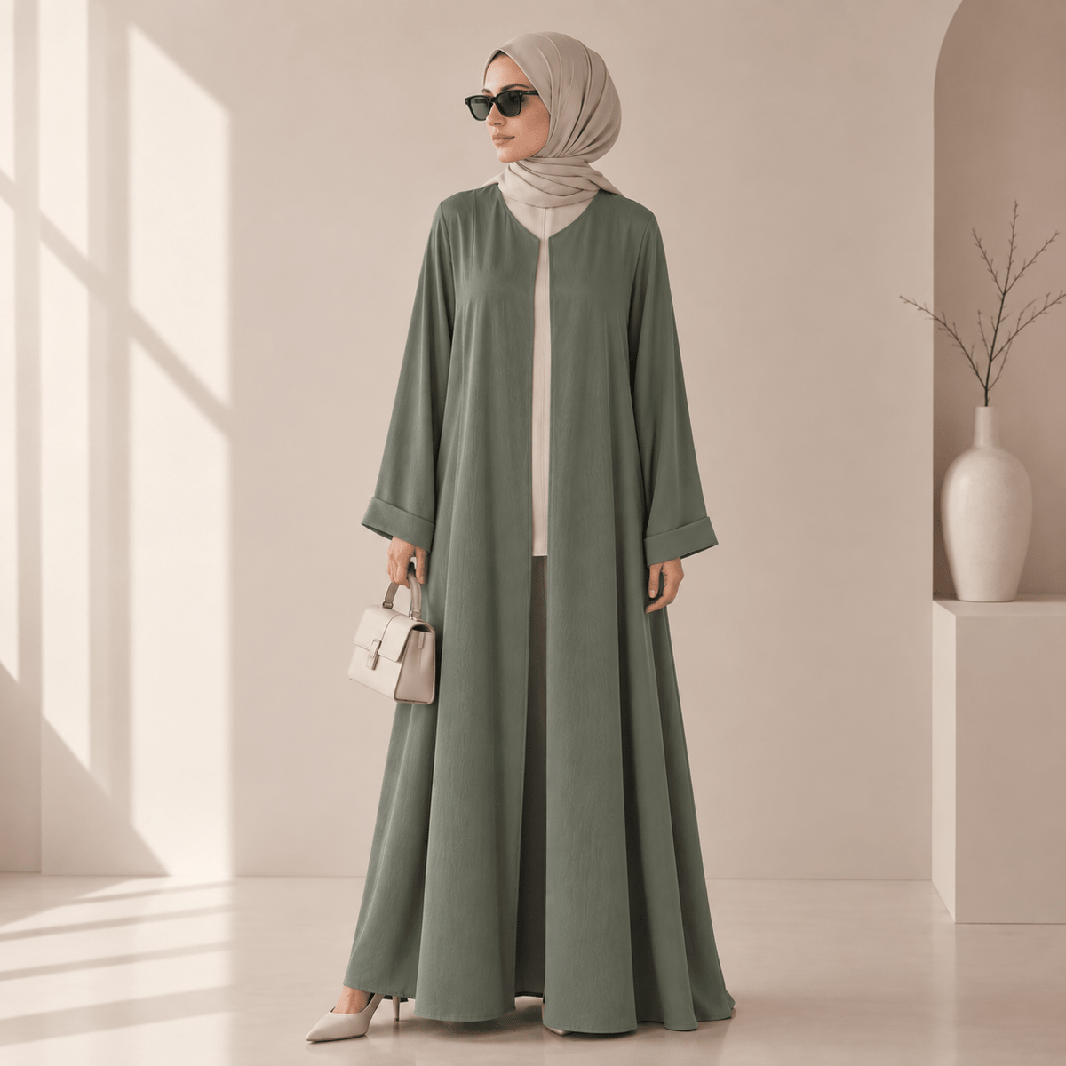 Satin-Look Open Abaya Three-Piece Set – Archive Robe