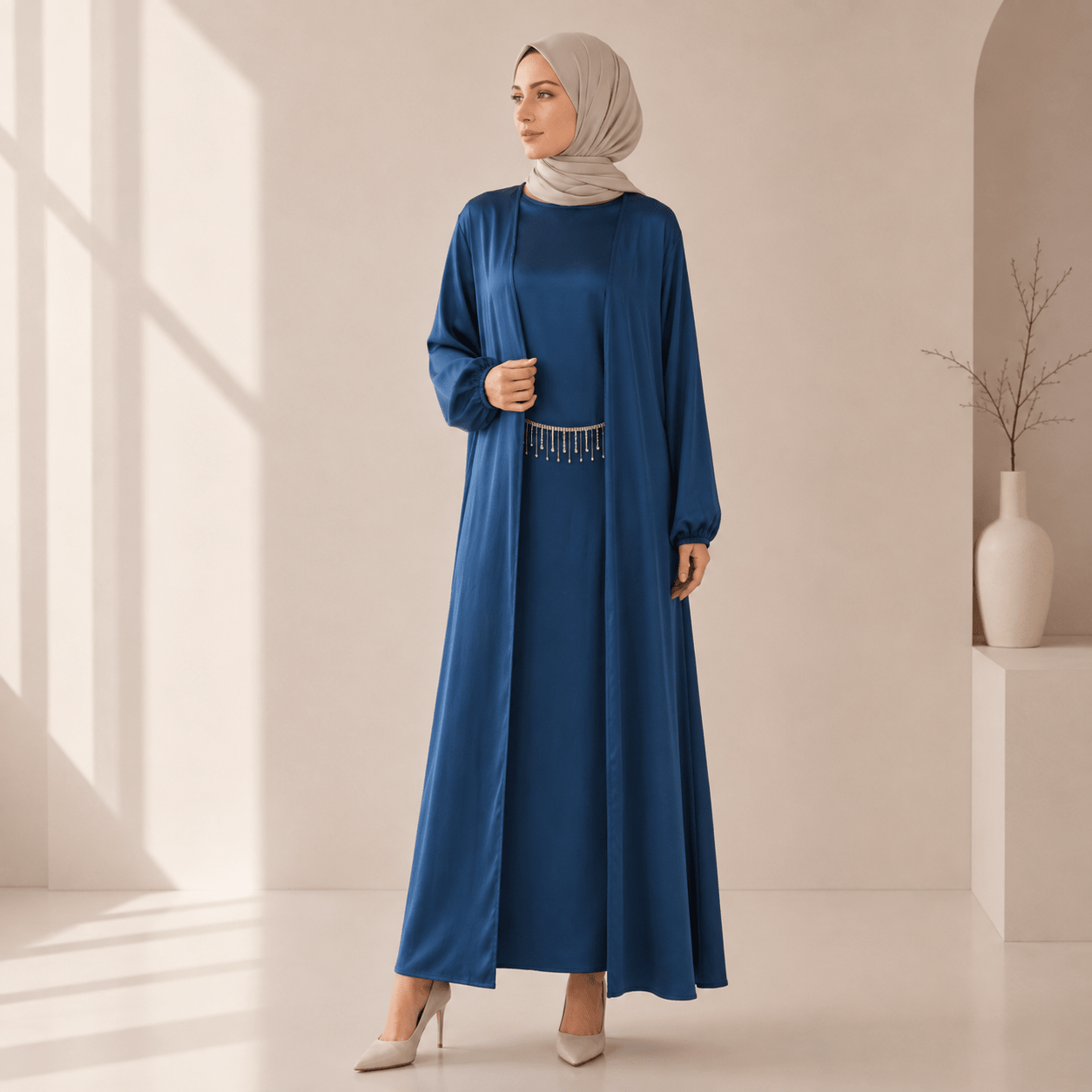Archive Piece Satin Open Abaya Three-Piece Set - MP066 (Size L Only) - Mariam's Collection