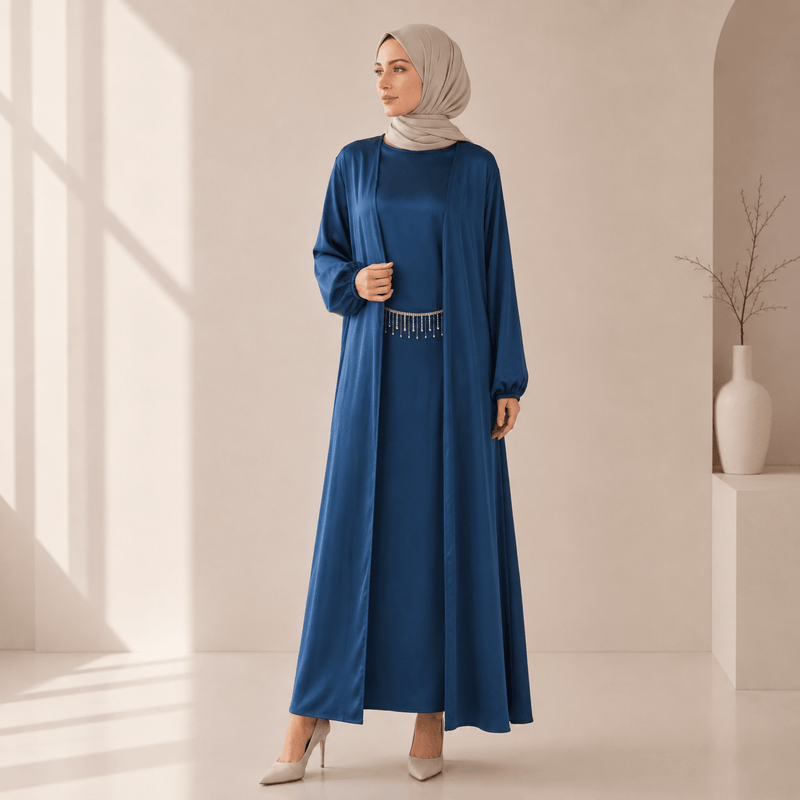 Archive Piece Satin Open Abaya Three-Piece Set - MP066 (Size L Only) - Mariam's Collection