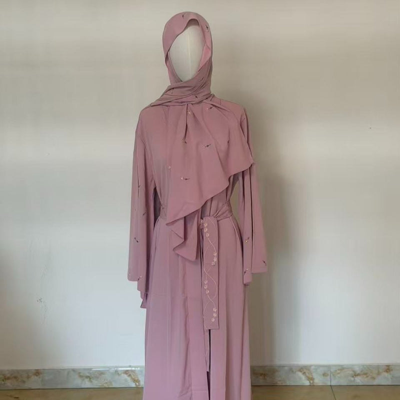 Archive Piece Tulip Embroidered Nida Abaya 4-Piece Set - MP024 (Size M Only) - Mariam's Collection