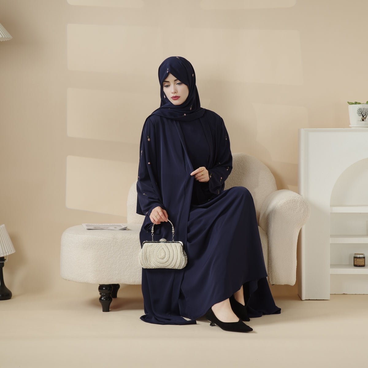 Archive Piece Tulip Embroidered Nida Open Abaya - MP022 (Size M Only) - Mariam's Collection