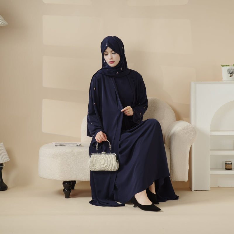 Archive Piece Tulip Embroidered Nida Open Abaya - MP022 (Size M Only) - Mariam's Collection