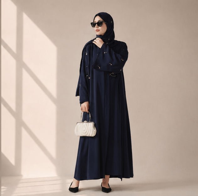 Archive Piece Tulip Embroidered Nida Open Abaya - MP022 (Size M Only) - Mariam's Collection