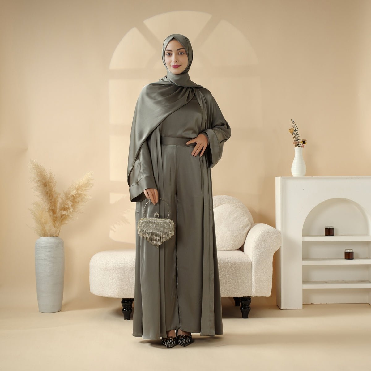 Armani Satin Abaya 4 - Piece Set: Open Abaya, Top, Pants and Matching Hijab (MOA034) - Mariam's Collection