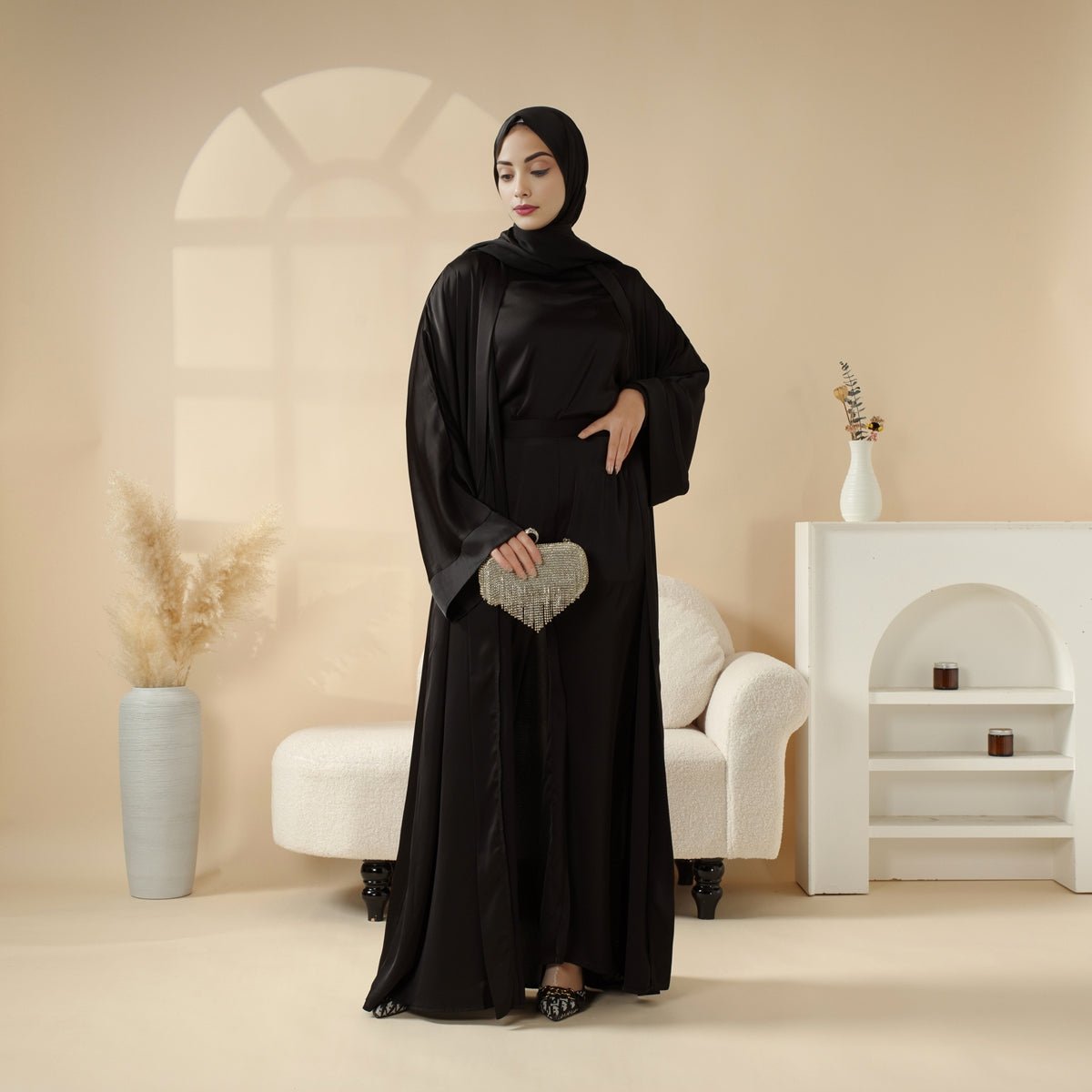 Armani Satin Abaya 4 - Piece Set: Open Abaya, Top, Pants and Matching Hijab (MOA034) - Mariam's Collection