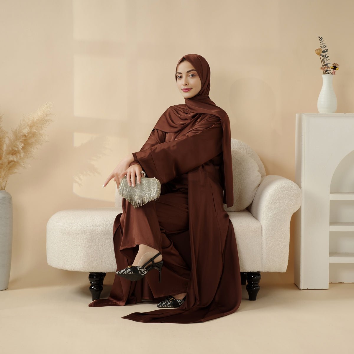 Armani Satin Abaya 4 - Piece Set: Open Abaya, Top, Pants and Matching Hijab (MOA034) - Mariam's Collection