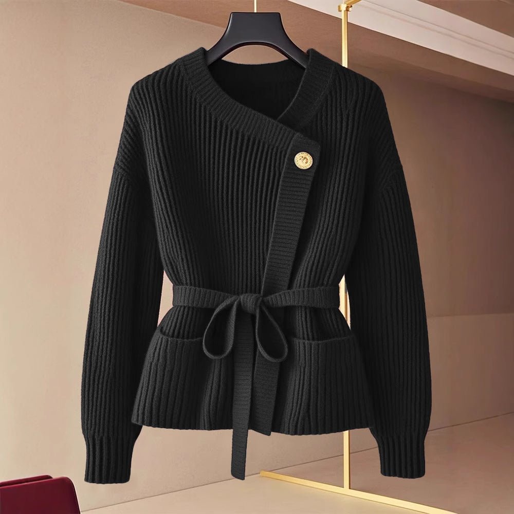 Asymmetric Belted Knit Cardigan | Korean Style Button - Front Sweater(MS201) - Mariam's Collection