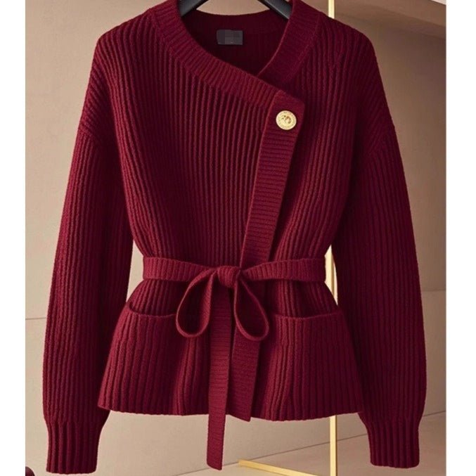 Asymmetric Belted Knit Cardigan | Korean Style Button - Front Sweater(MS201) - Mariam's Collection