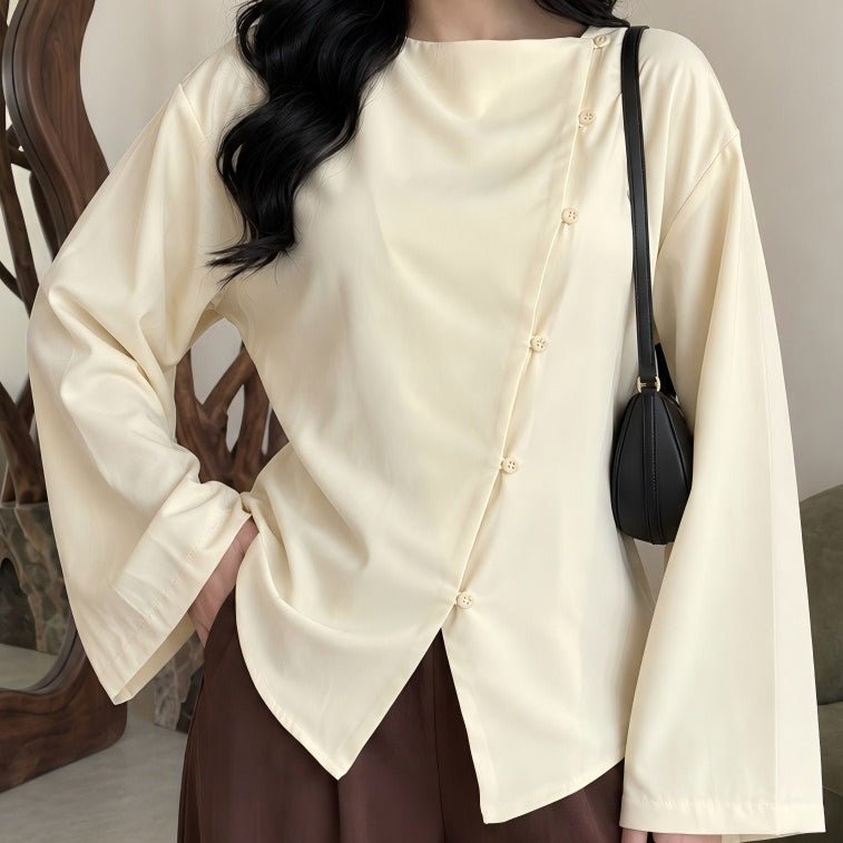 Asymmetric Button Long-Sleeve Modest Top – Work & Casual Blouse