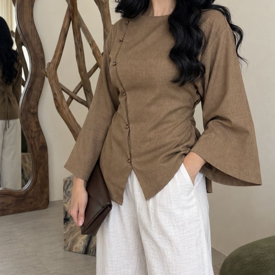 Asymmetric Button Long-Sleeve Modest Top – Work & Casual Blouse