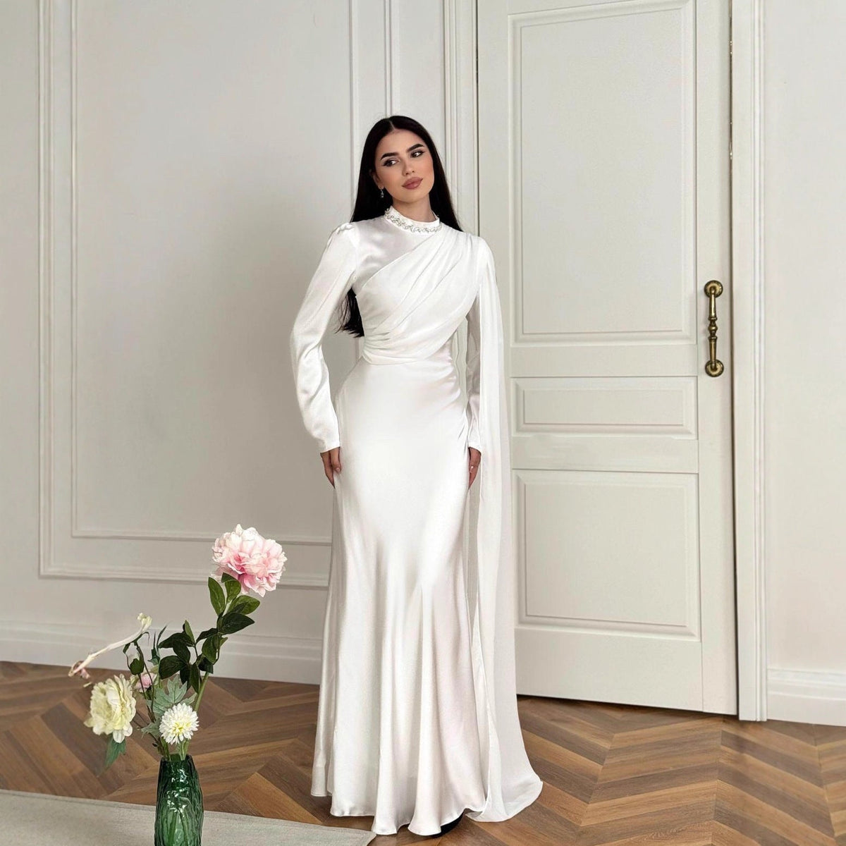 Asymmetric Cape-Sleeve Evening Gown | Rhinestone High-Neck Maxi Dress(MS580) - Mariam's Collection