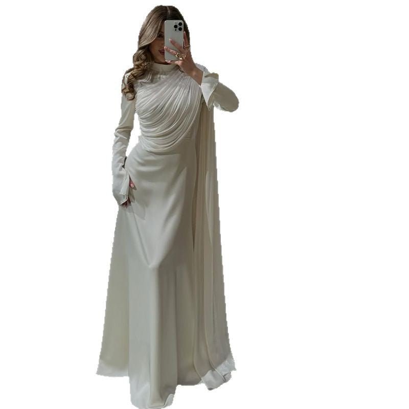 Asymmetric Draped White Evening Gown | Ruched Cape Sleeve Maxi Dress(MA354) - Mariam's Collection