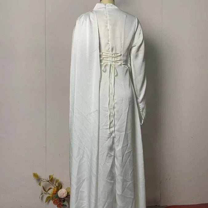 Asymmetric Draped White Evening Gown | Ruched Cape Sleeve Maxi Dress(MA354) - Mariam's Collection