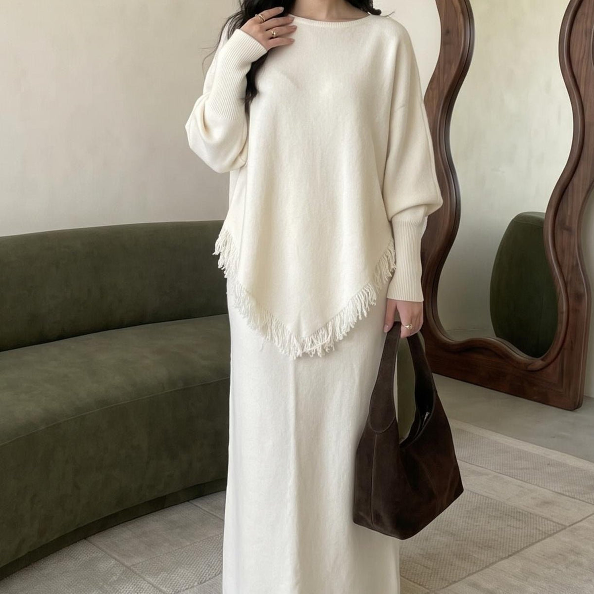 Asymmetric Fringe Knit Top & Maxi Skirt Set | Modest Two-Piece Outfit(MS581) - Mariam's Collection